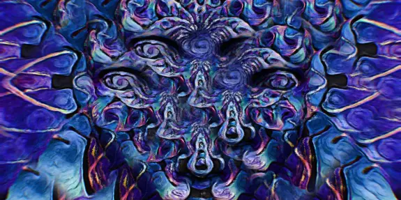 Abstract artwork featuring a swirling, intricate design in shades of blue and purple, resembling a surreal face.