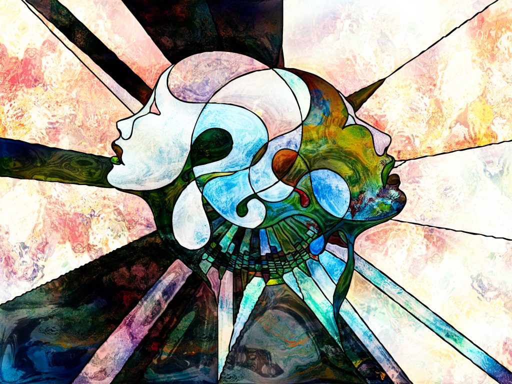 Abstract artwork featuring two intertwined faces with vibrant colors and swirling patterns, set against a radiant background.