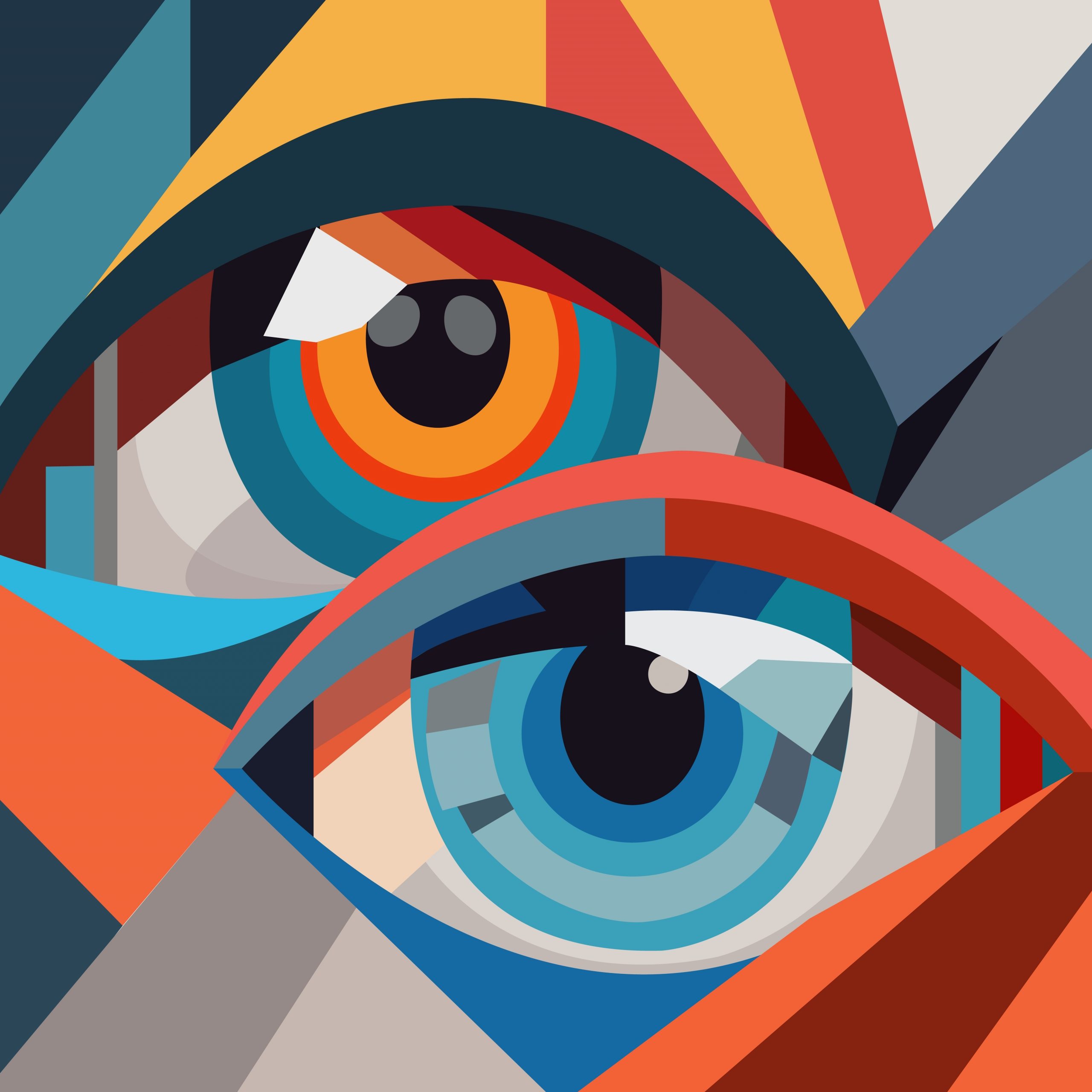 Abstract artwork featuring two stylized eyes with vibrant colors and geometric shapes, creating a striking visual contrast.