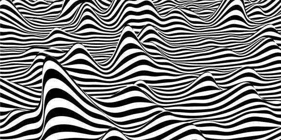 Abstract black and white waves create a dynamic, undulating pattern resembling mountains.