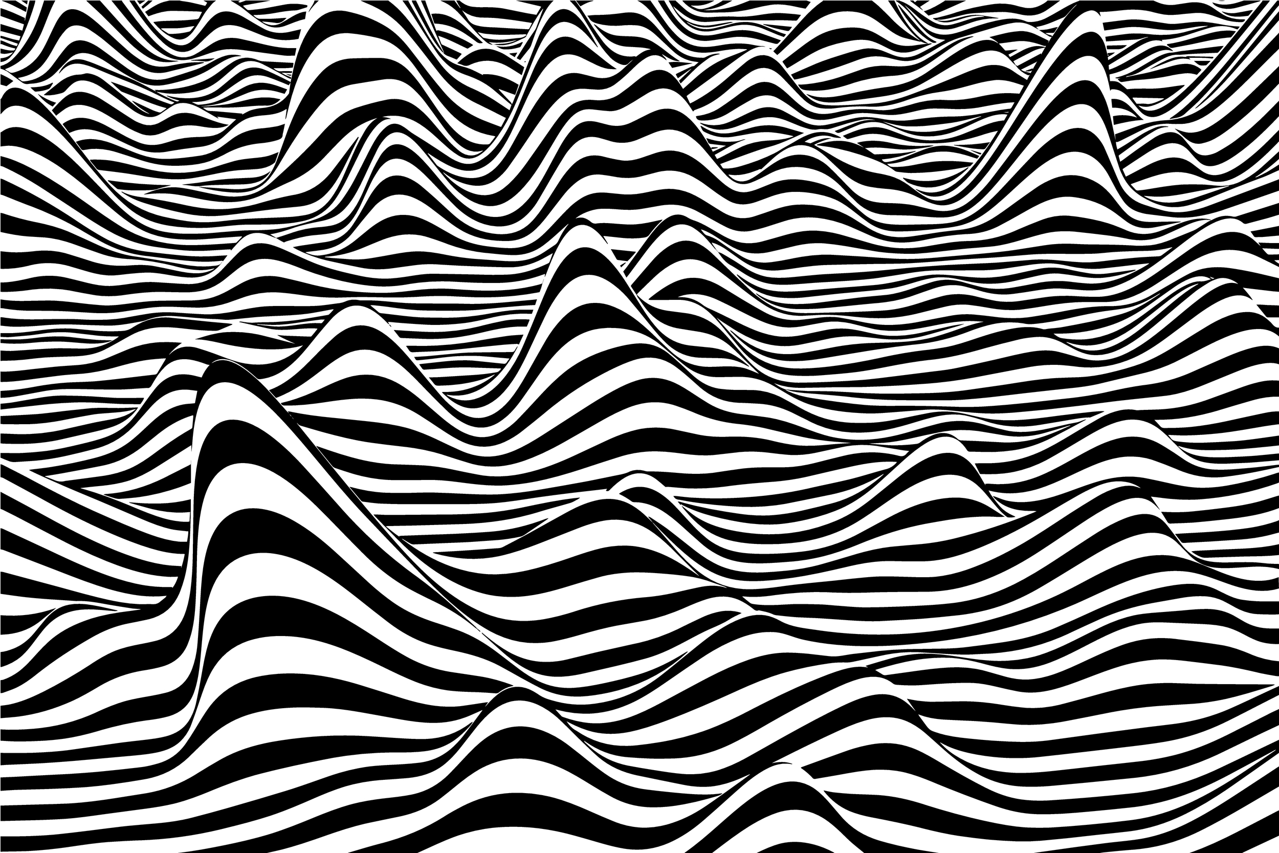 Abstract black and white wavy lines create a dynamic, undulating landscape resembling rolling hills.