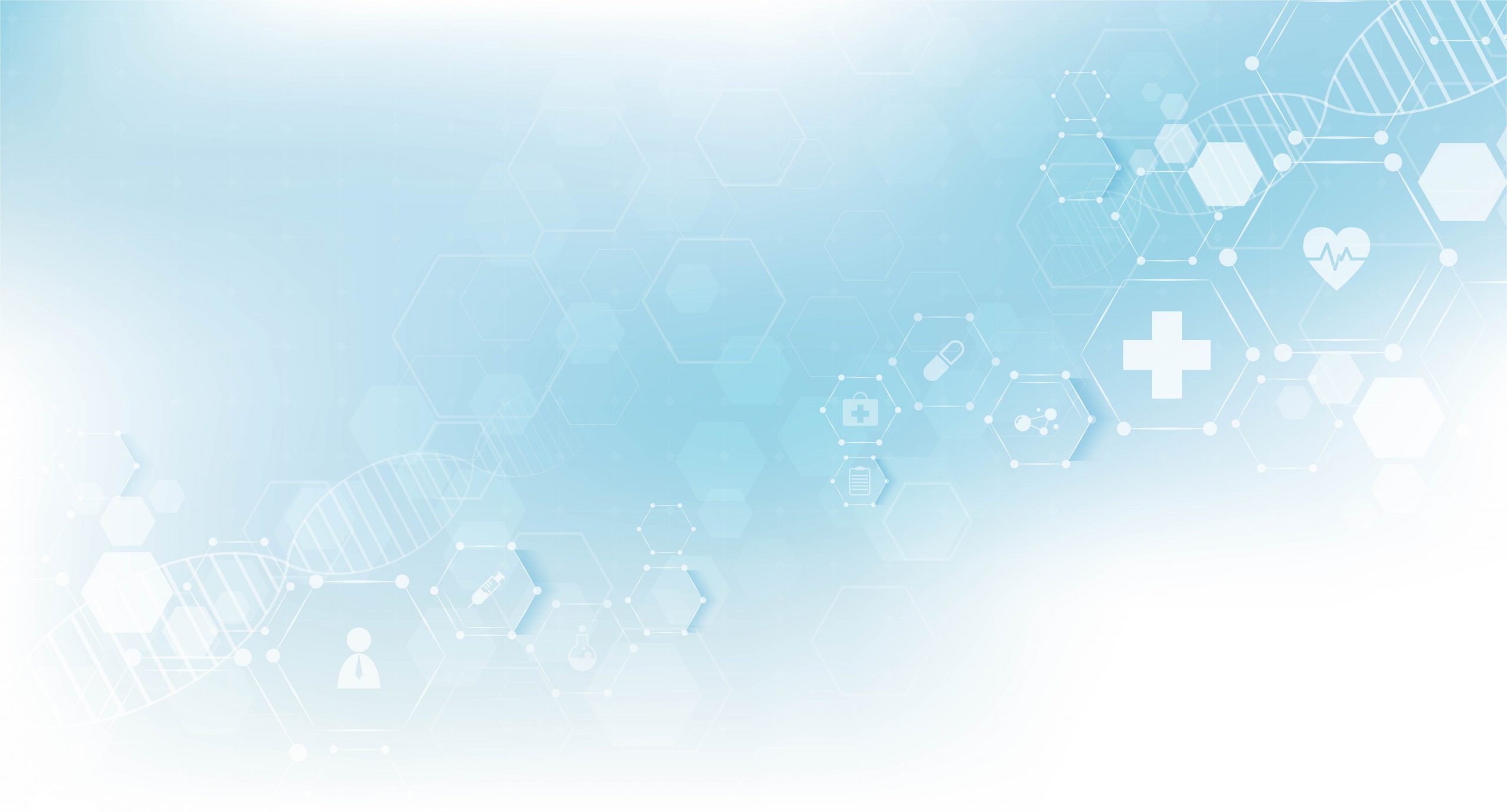 Abstract blue background featuring hexagons, DNA strands, medical symbols, and icons representing health and science.