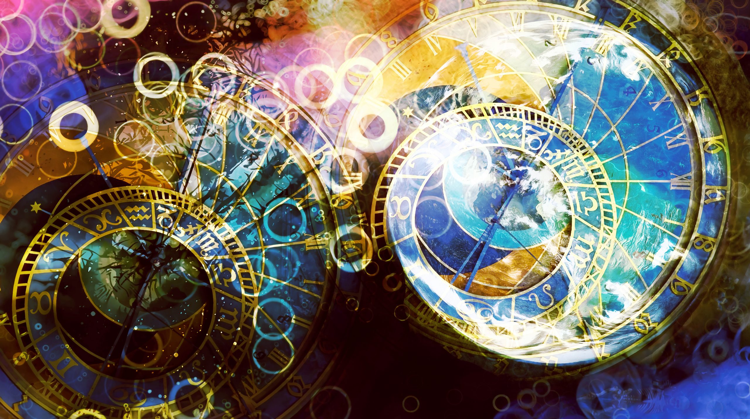 Abstract composition of celestial clocks with intricate designs, vibrant colors, and swirling cosmic elements.