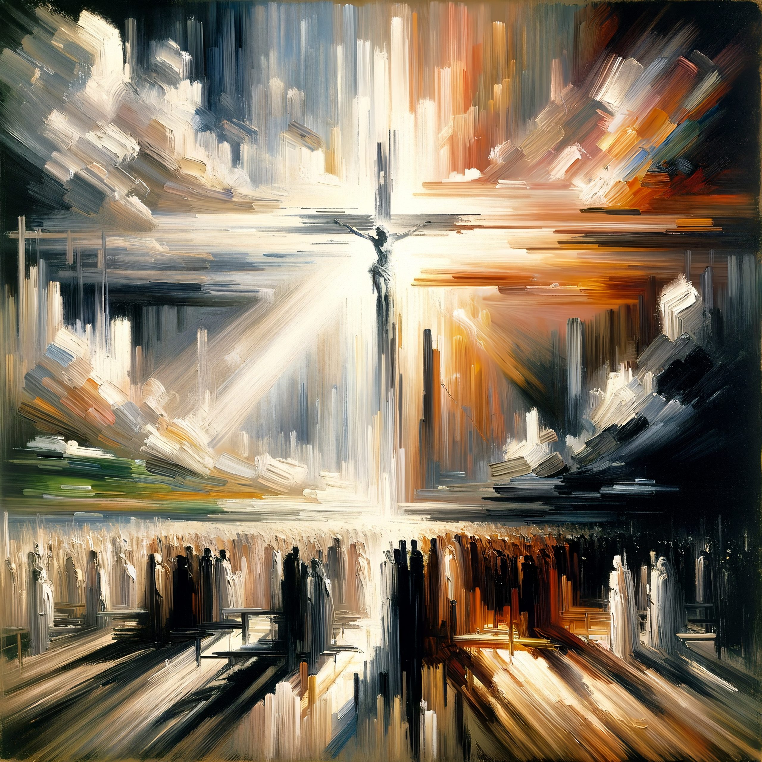 Abstract depiction of a crucifixion scene, with vibrant colors and dynamic brush strokes, highlighting a central figure ag...