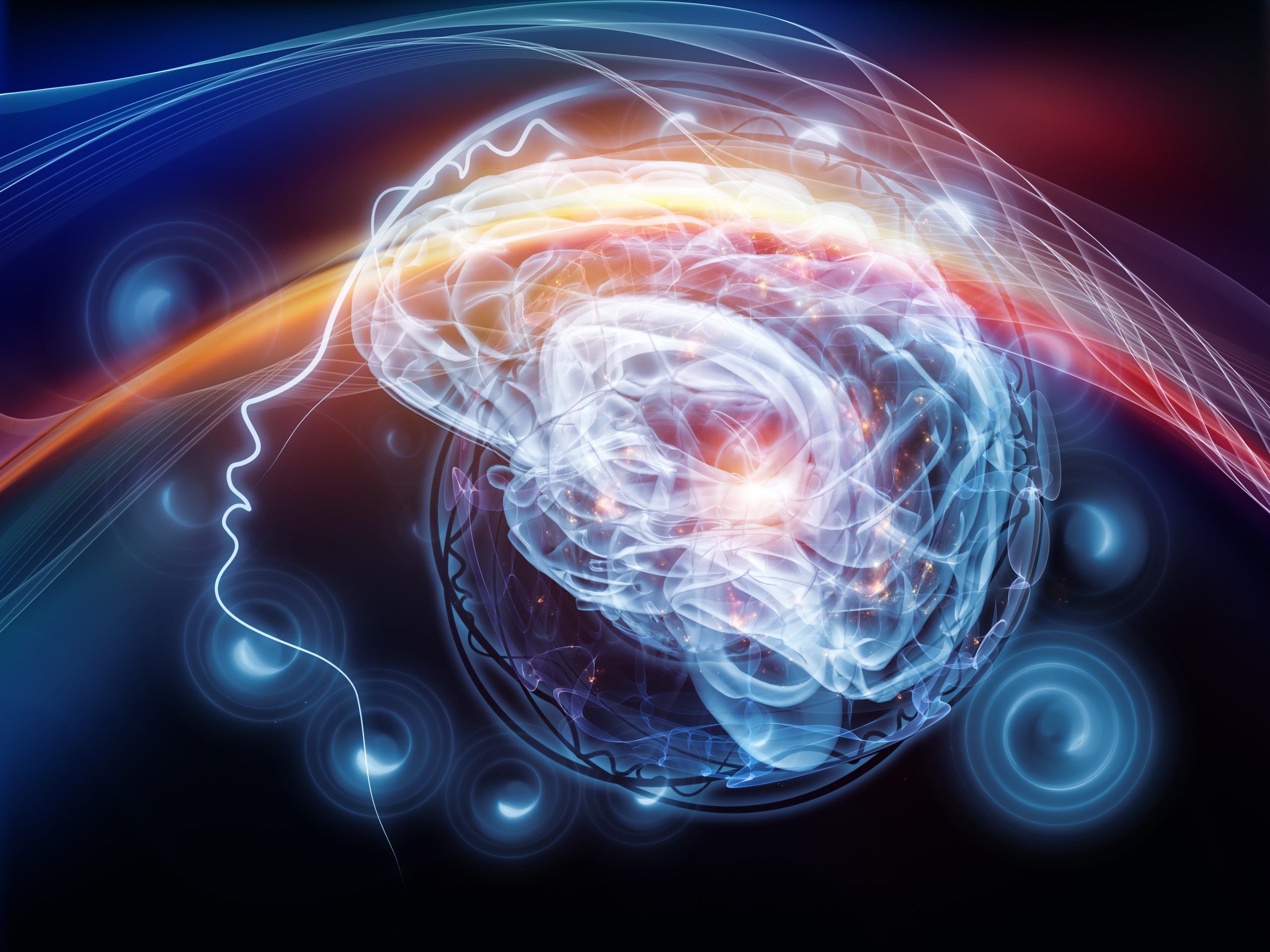 Abstract depiction of a glowing brain surrounded by swirling light trails and circular patterns on a dark background.