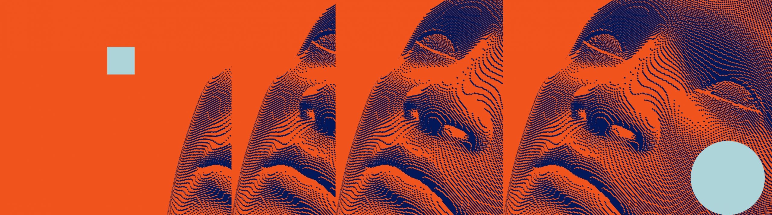 Abstract design featuring stylized faces in orange and blue, with geometric shapes adding contrast.