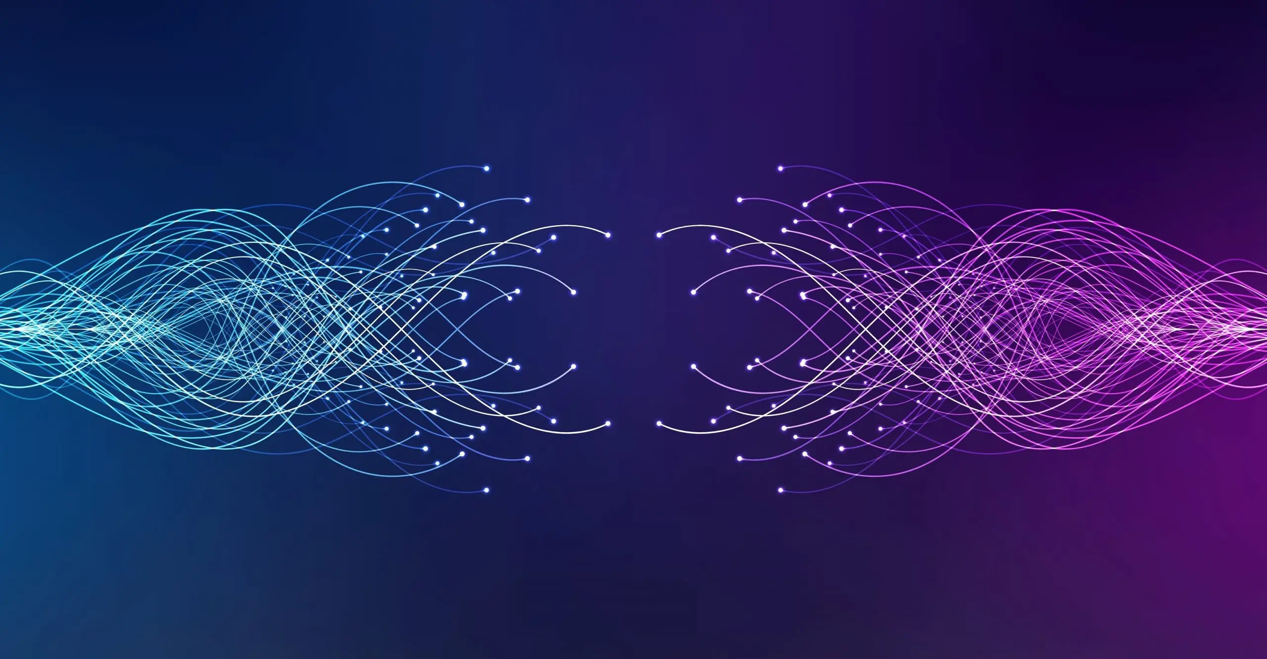 Abstract design featuring swirling blue and pink lines converging in the center against a gradient background.