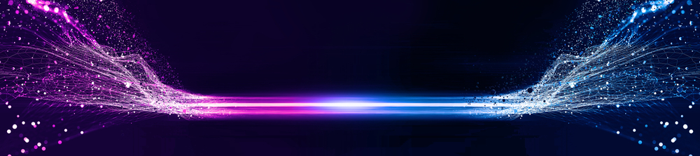 Abstract digital design featuring vibrant pink and blue light trails with sparkling particles against a dark background.