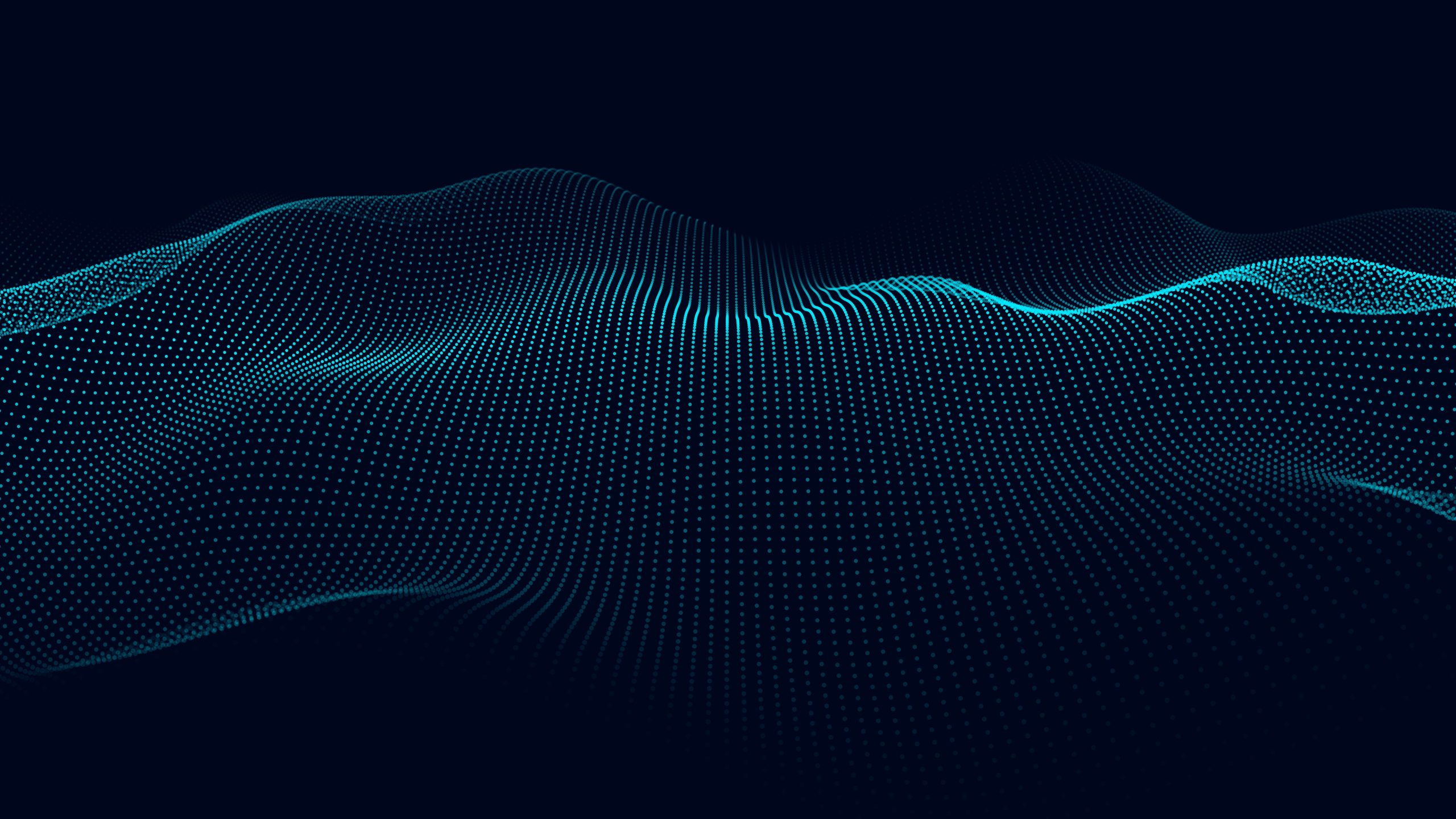 Abstract digital landscape with flowing waves of blue dots on a dark background, creating a sense of depth and movement.