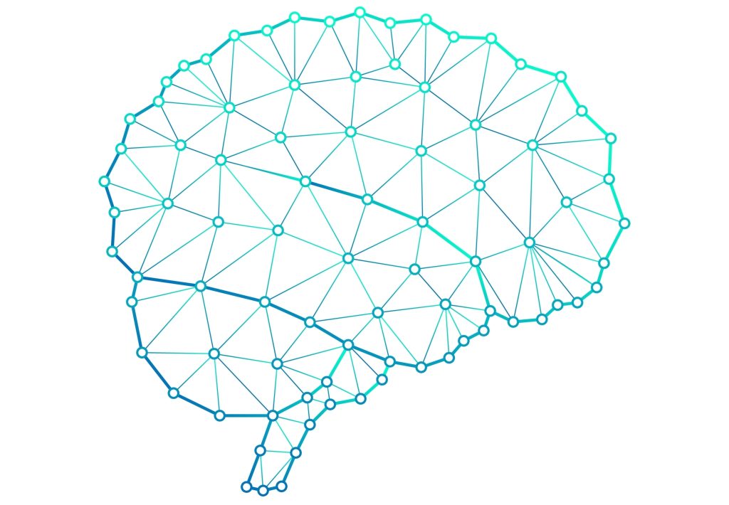 Abstract illustration of a brain composed of interconnected geometric lines and nodes in gradient blue and teal.