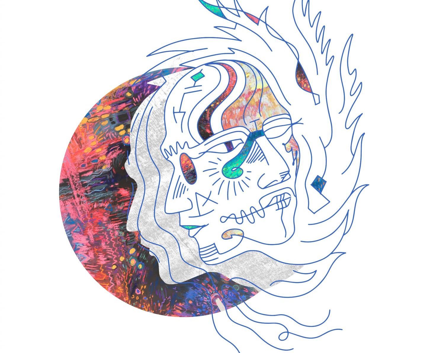 Abstract illustration featuring two intertwined faces against a vibrant, swirling background with bold colors.