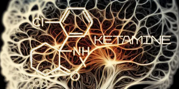 Abstract illustration of ketamine's molecular structure overlaid on a neural network background, highlighting brain activity.