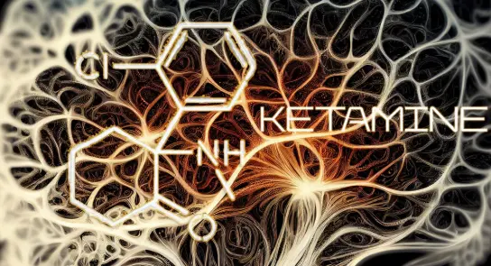 Abstract illustration of ketamine's molecular structure overlaid on a neural network background, highlighting brain activity.