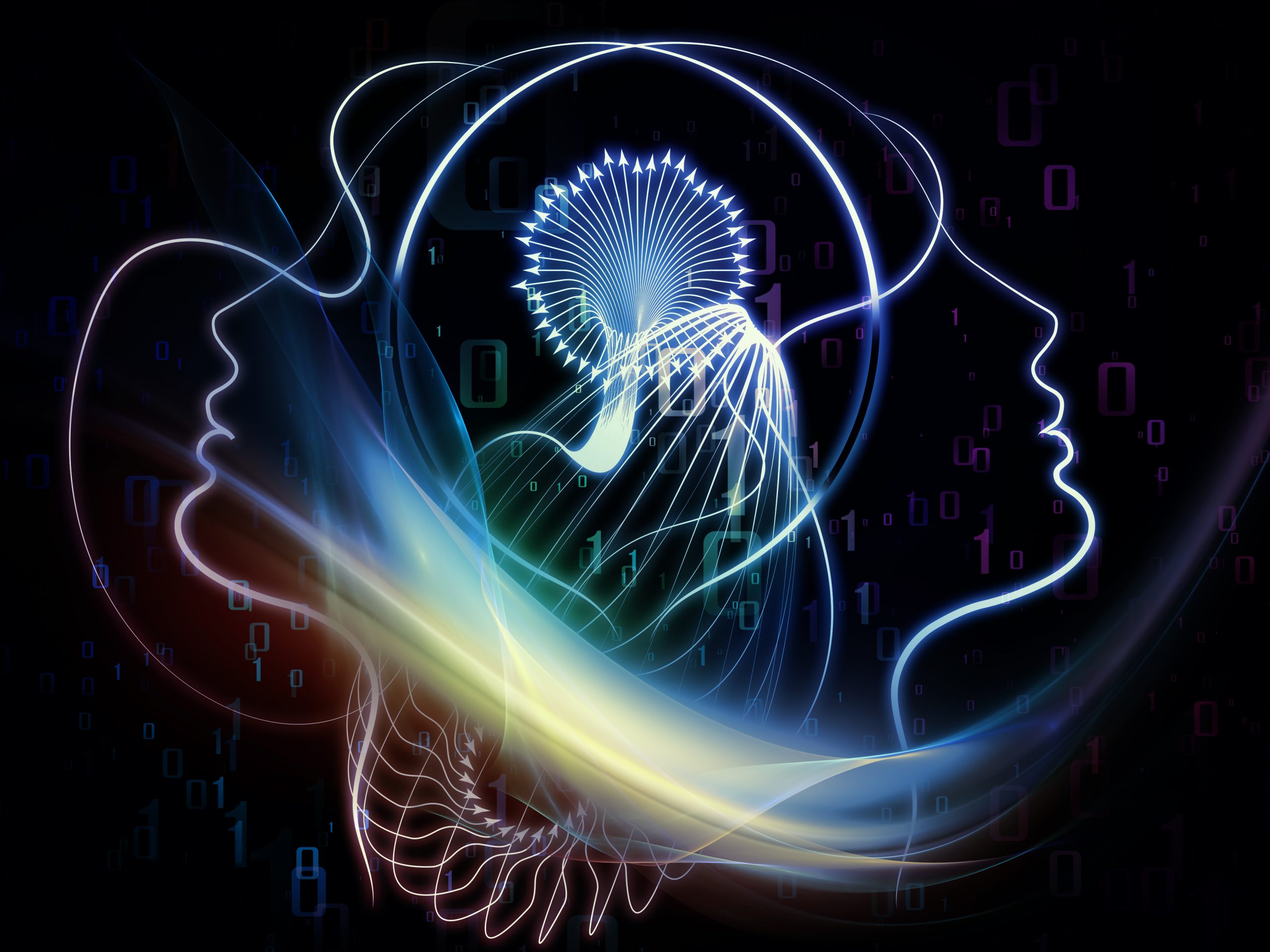 Abstract illustration of two profiles with swirling lines and binary code, symbolizing technology and human connection.