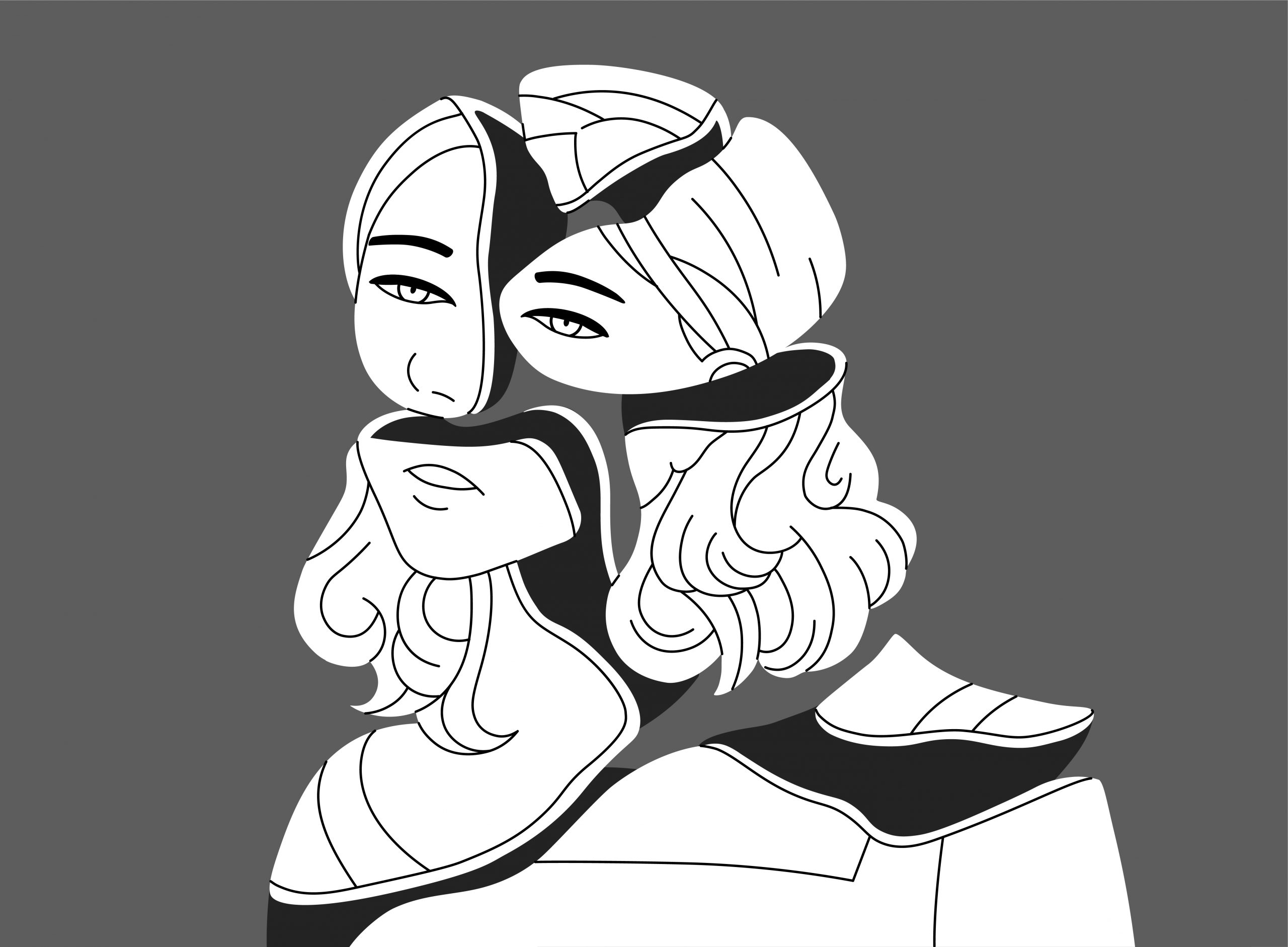 Abstract illustration of two stylized faces merging, featuring flowing hair and bold black and white contrasts against a g...