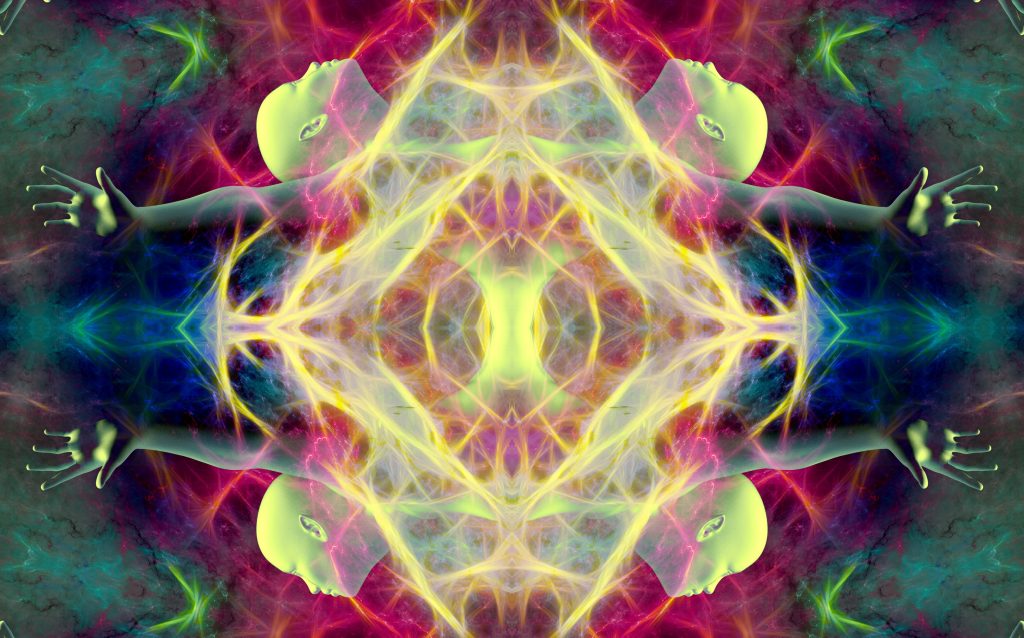 Abstract kaleidoscopic design featuring a ghostly figure with outstretched arms amidst vibrant, swirling colors.