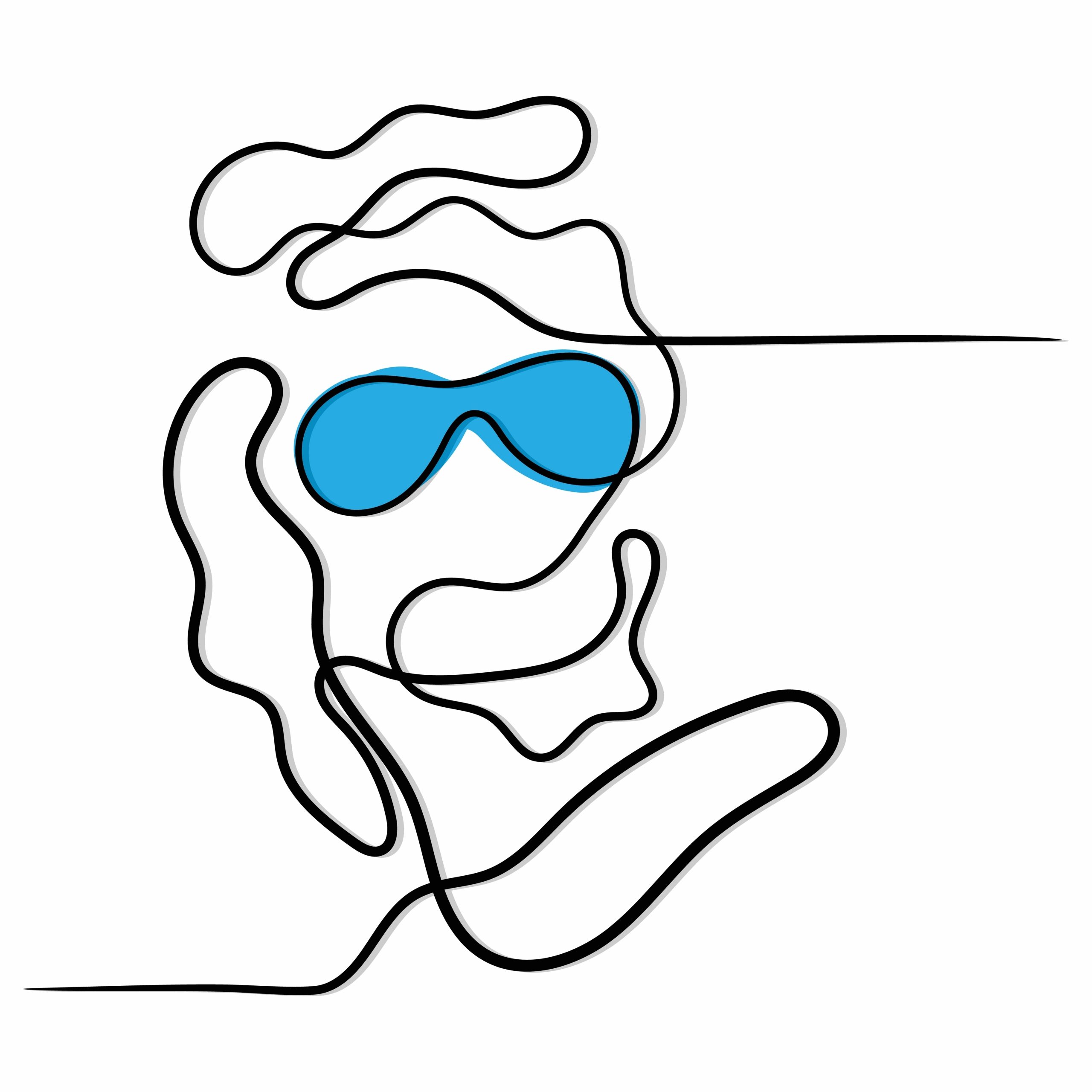 Abstract line drawing of a face wearing blue sunglasses, with flowing, continuous black lines and minimal detail.