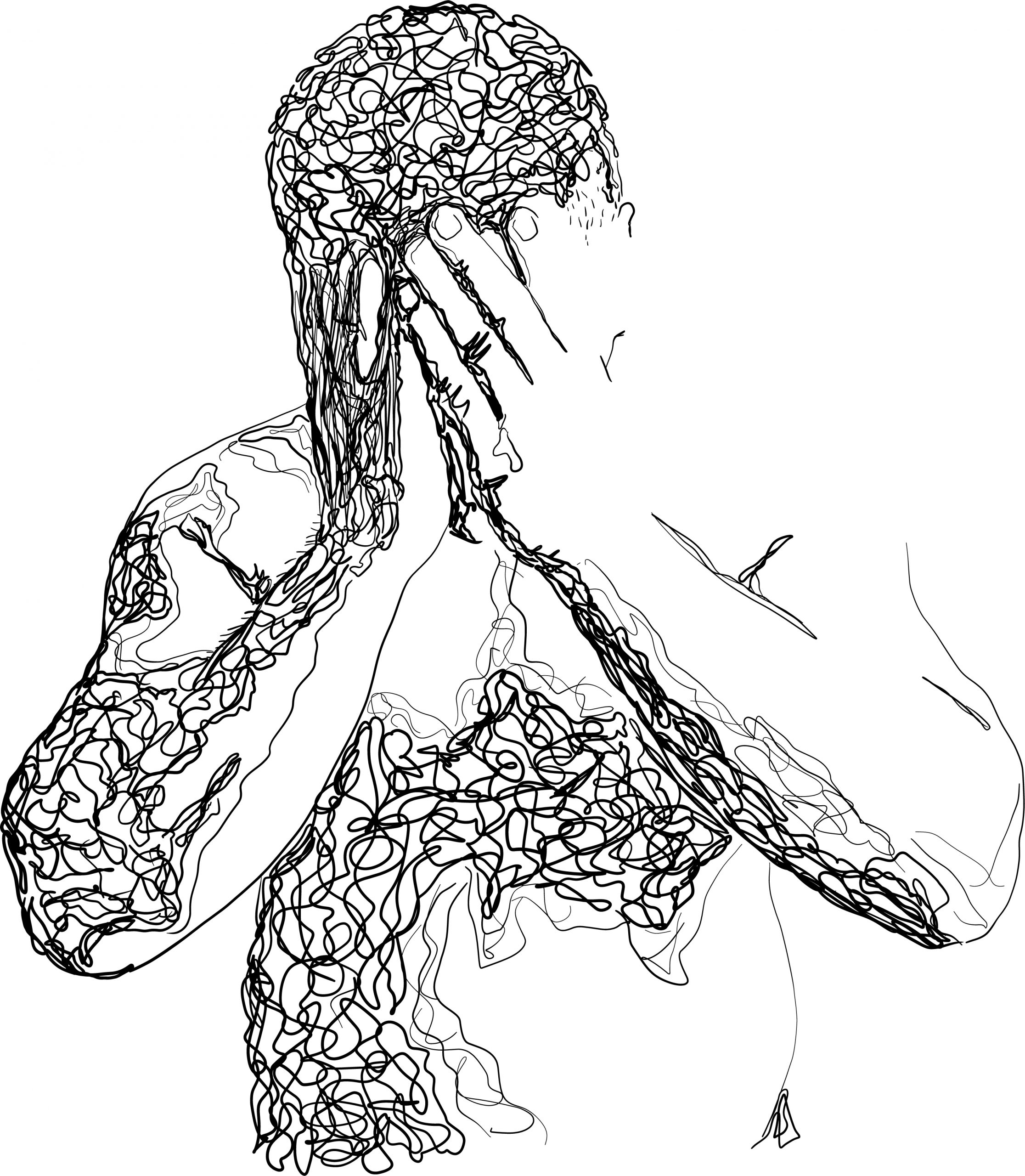 Abstract line drawing of a figure with hands covering their face, showcasing intricate, flowing patterns on the body.