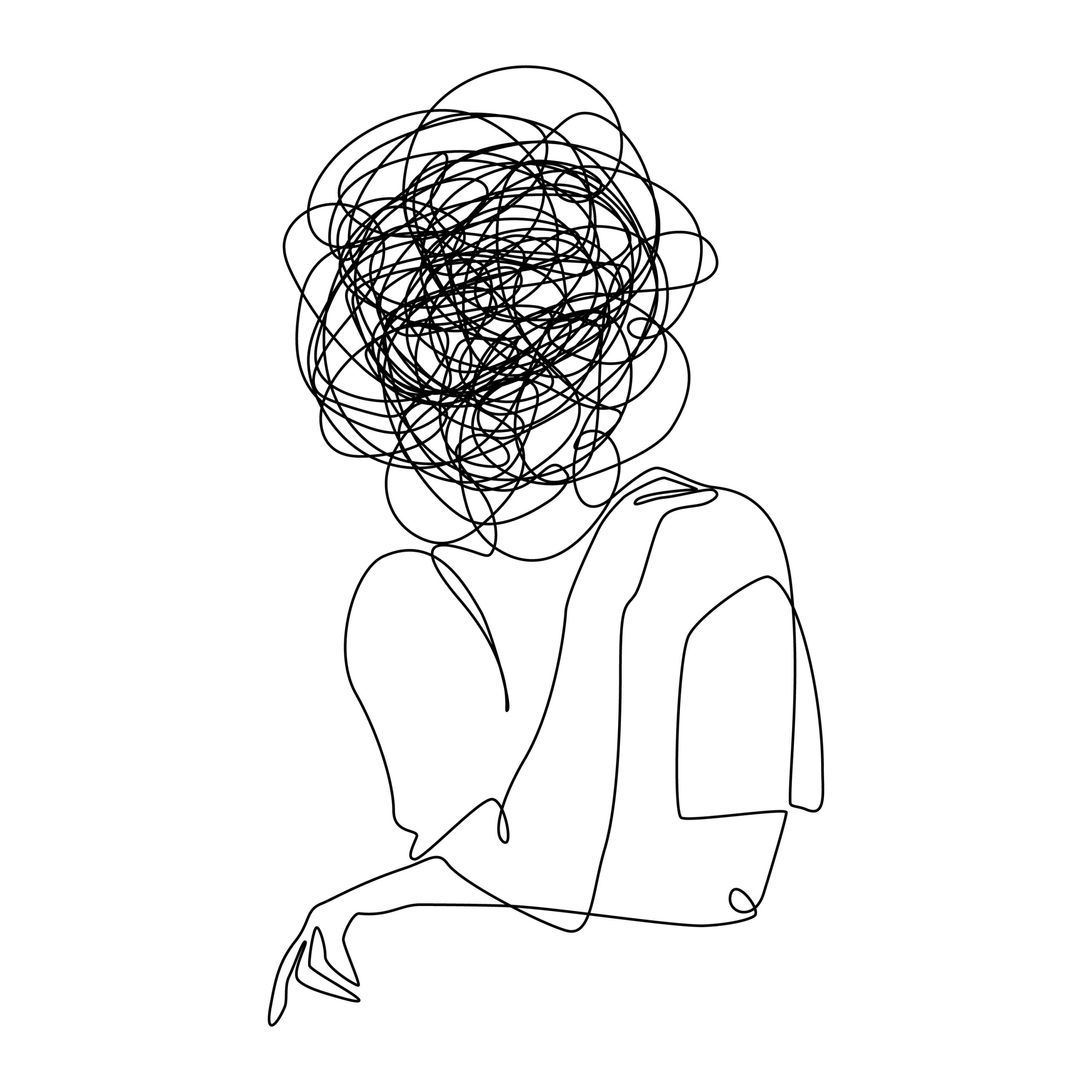 Abstract line drawing of a figure with a tangled, chaotic head, conveying a sense of confusion or mental struggle.