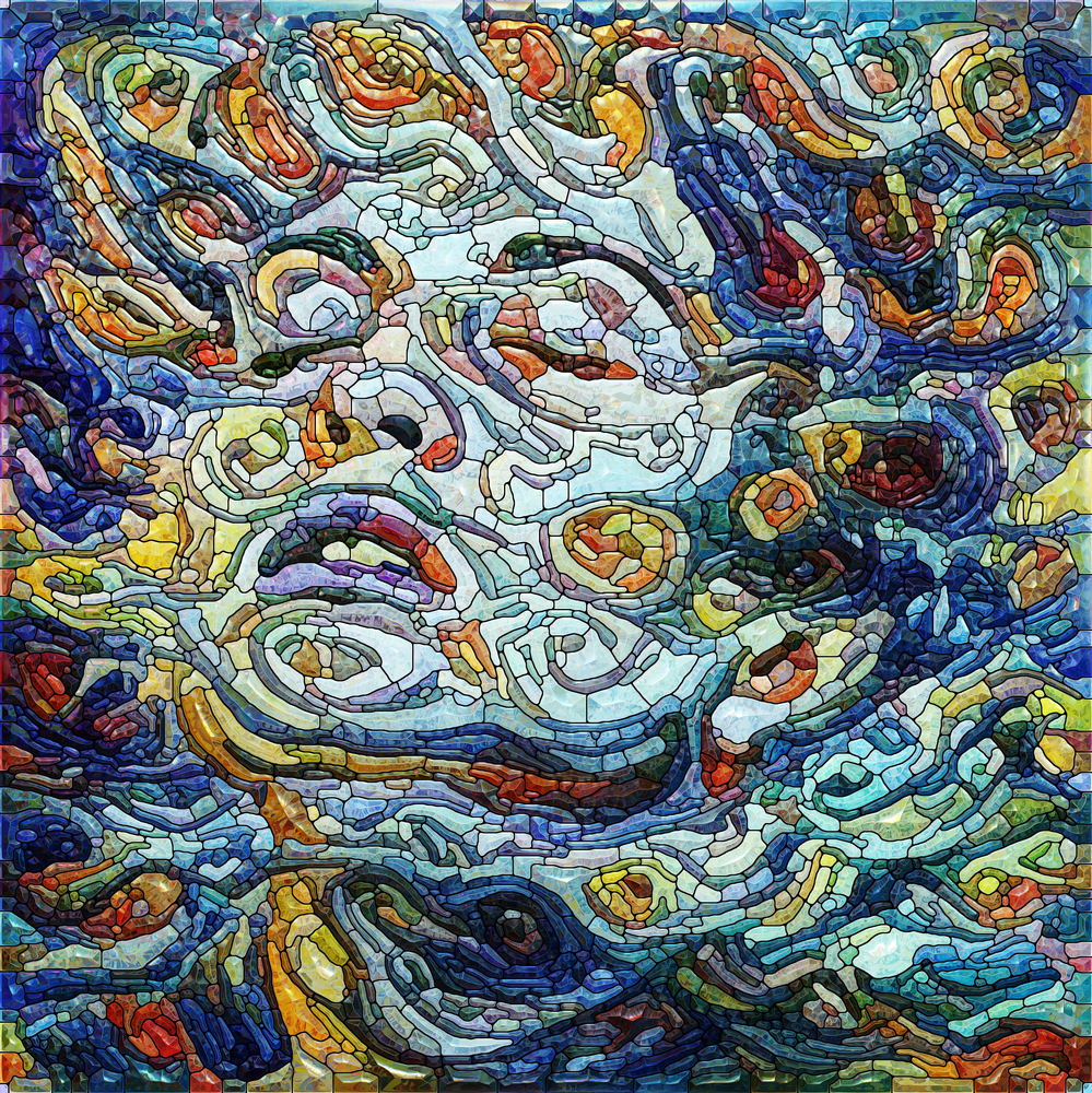 Abstract mosaic of a face with swirling blue and orange patterns, evoking emotion and movement in a vibrant color palette.