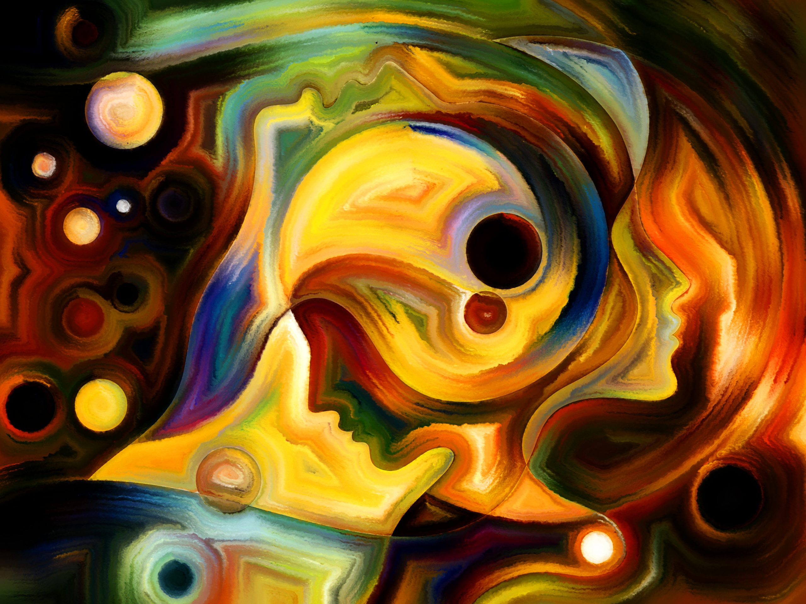 Abstract painting featuring intertwined faces in vibrant colors, with swirling patterns and cosmic elements in the backgro...