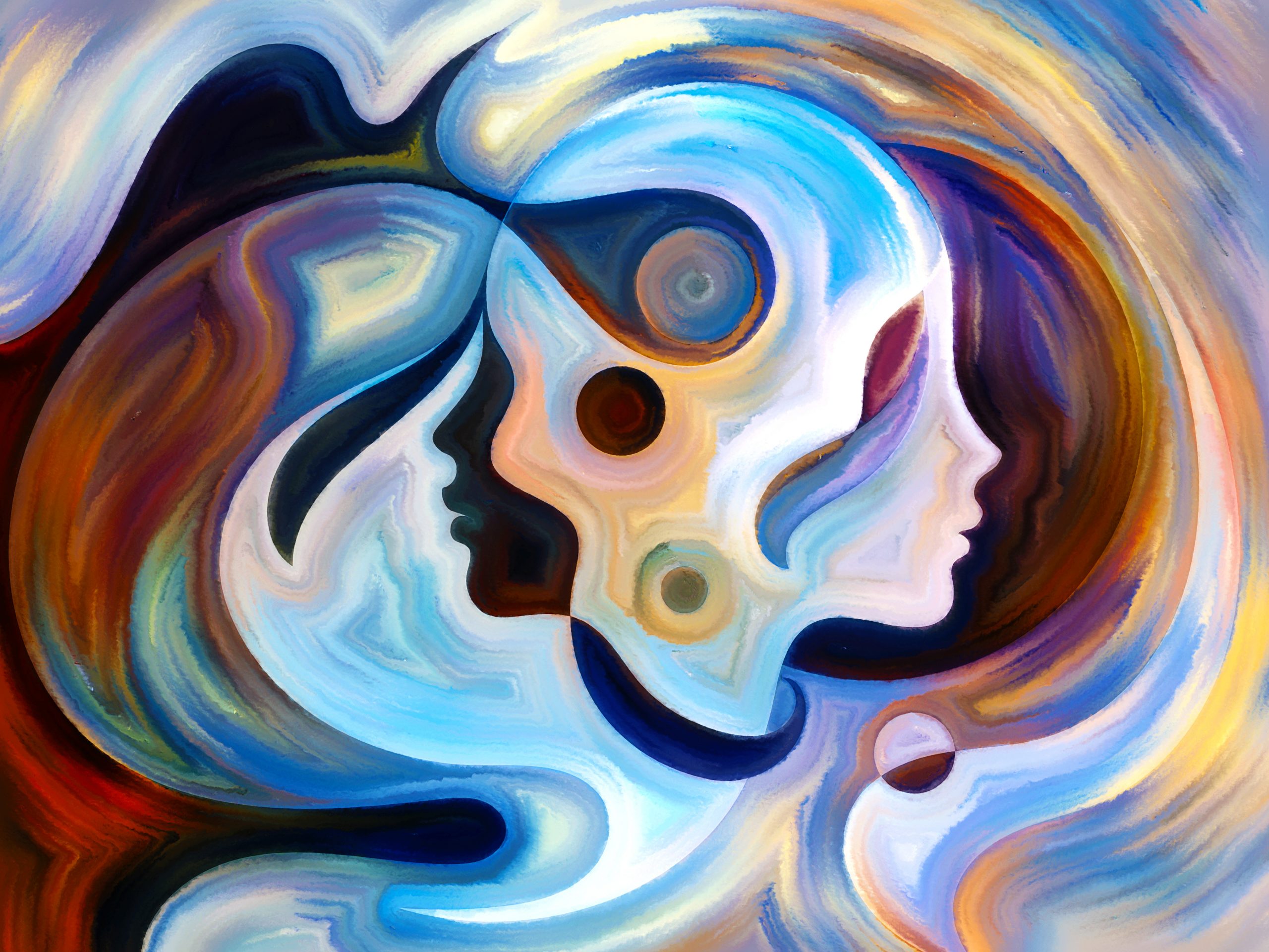 Abstract painting featuring two intertwined faces in vibrant colors, blending swirls of blue, orange, and cream.