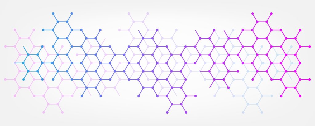 Abstract pattern of interconnected hexagons in shades of blue, purple, and pink against a light background.