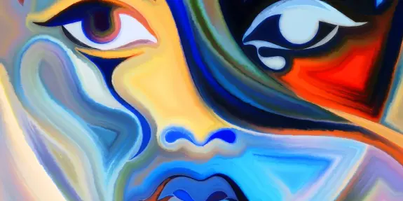 Abstract portrait featuring bold colors and swirling patterns, highlighting expressive eyes and lips.