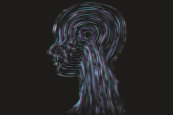 Abstract profile silhouette with flowing, colorful lines representing thoughts and emotions against a dark background.