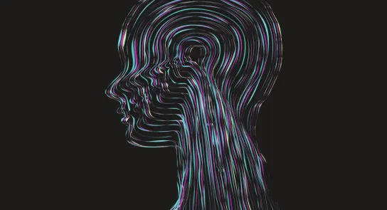 Abstract profile silhouette with flowing, colorful lines representing thoughts and emotions against a dark background.