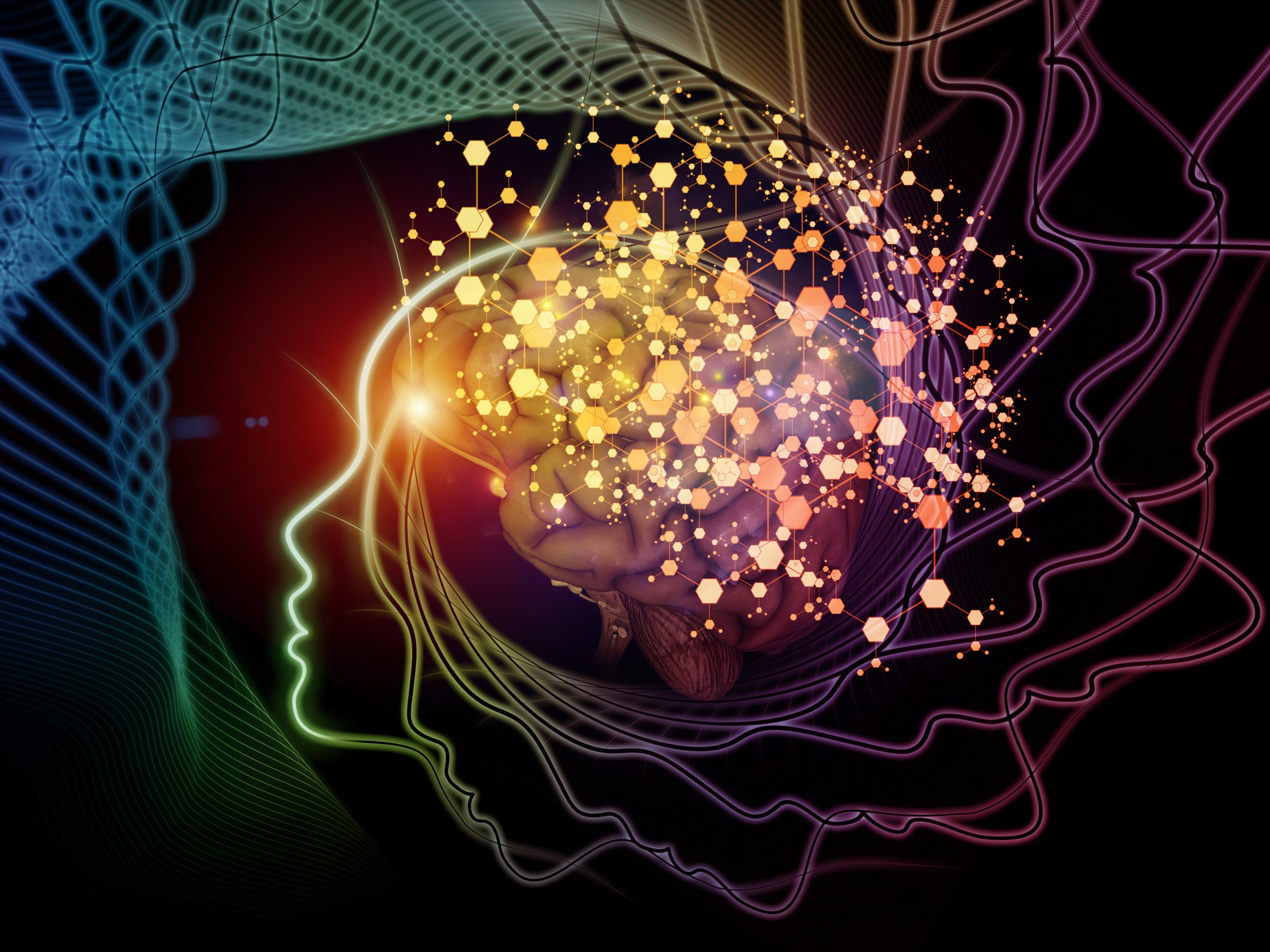 Abstract representation of a brain surrounded by colorful waves and glowing particles, symbolizing thought and creativity.