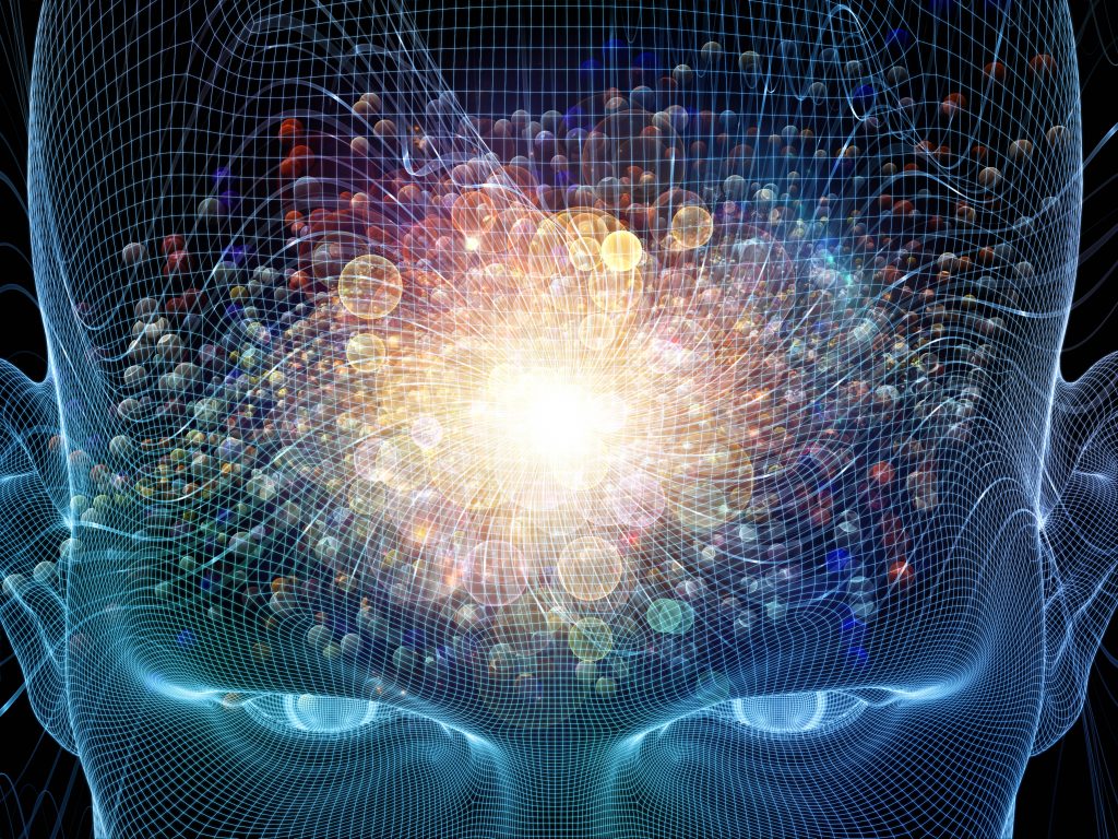 Abstract representation of a human head with a glowing explosion of light and colorful particles emanating from the brain.