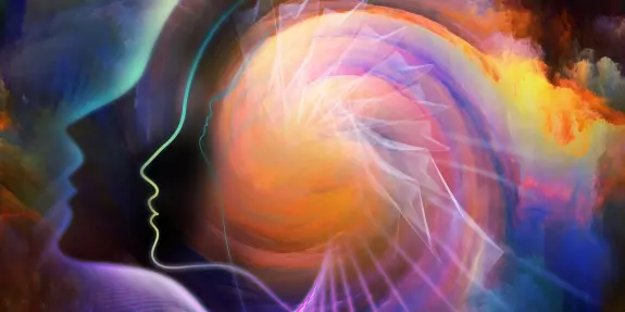 Abstract silhouettes of faces merge with vibrant swirls of color, evoking a sense of introspection and creativity.