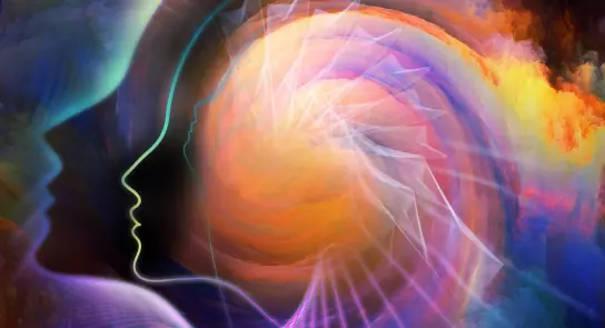 Abstract silhouettes of faces merge with vibrant swirls of color, evoking a sense of introspection and creativity.