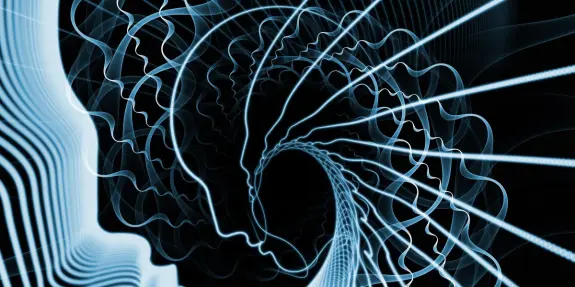 Abstract swirling lines in blue and white create a hypnotic tunnel effect against a black background.