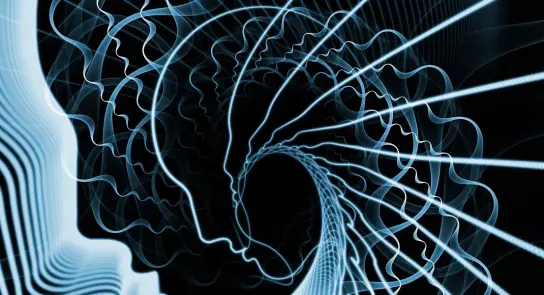 Abstract swirling lines in blue and white create a hypnotic tunnel effect against a black background.