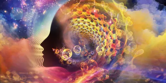 Abstract swirls of color and light form a human profile, surrounded by bubbles and cosmic elements, evoking a sense of won...