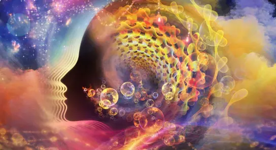 Abstract swirls of color and light form a human profile, surrounded by bubbles and cosmic elements, evoking a sense of won...