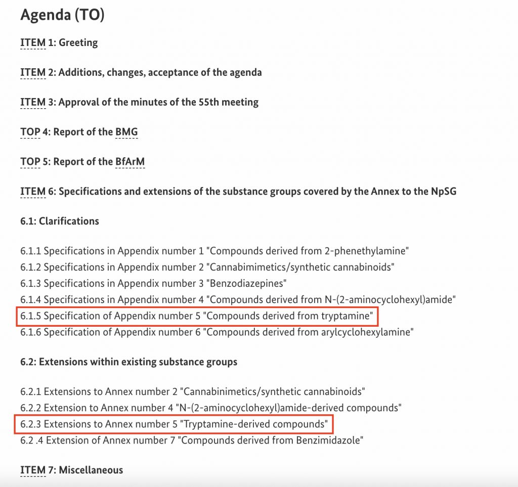 Agenda document outlining specifications and extensions for various substance groups, including tryptamine-derived compounds.