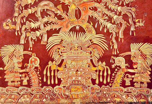 Ancient mural depicting deities with elaborate headdresses, surrounded by intricate floral and animal motifs.