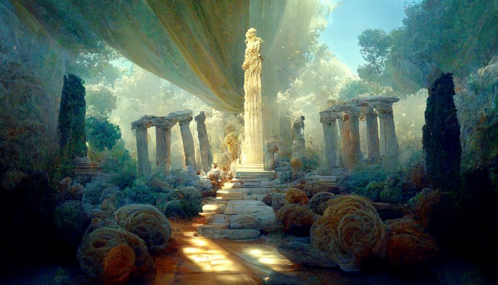Ancient ruins with a tall column, surrounded by lush greenery and ethereal light filtering through a canopy.