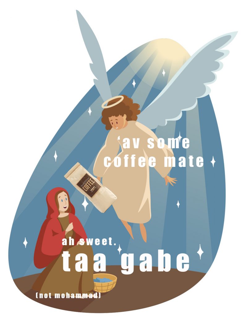An angel with a halo hovers above a woman in red, promoting "Coffee Mate" with whimsical text.