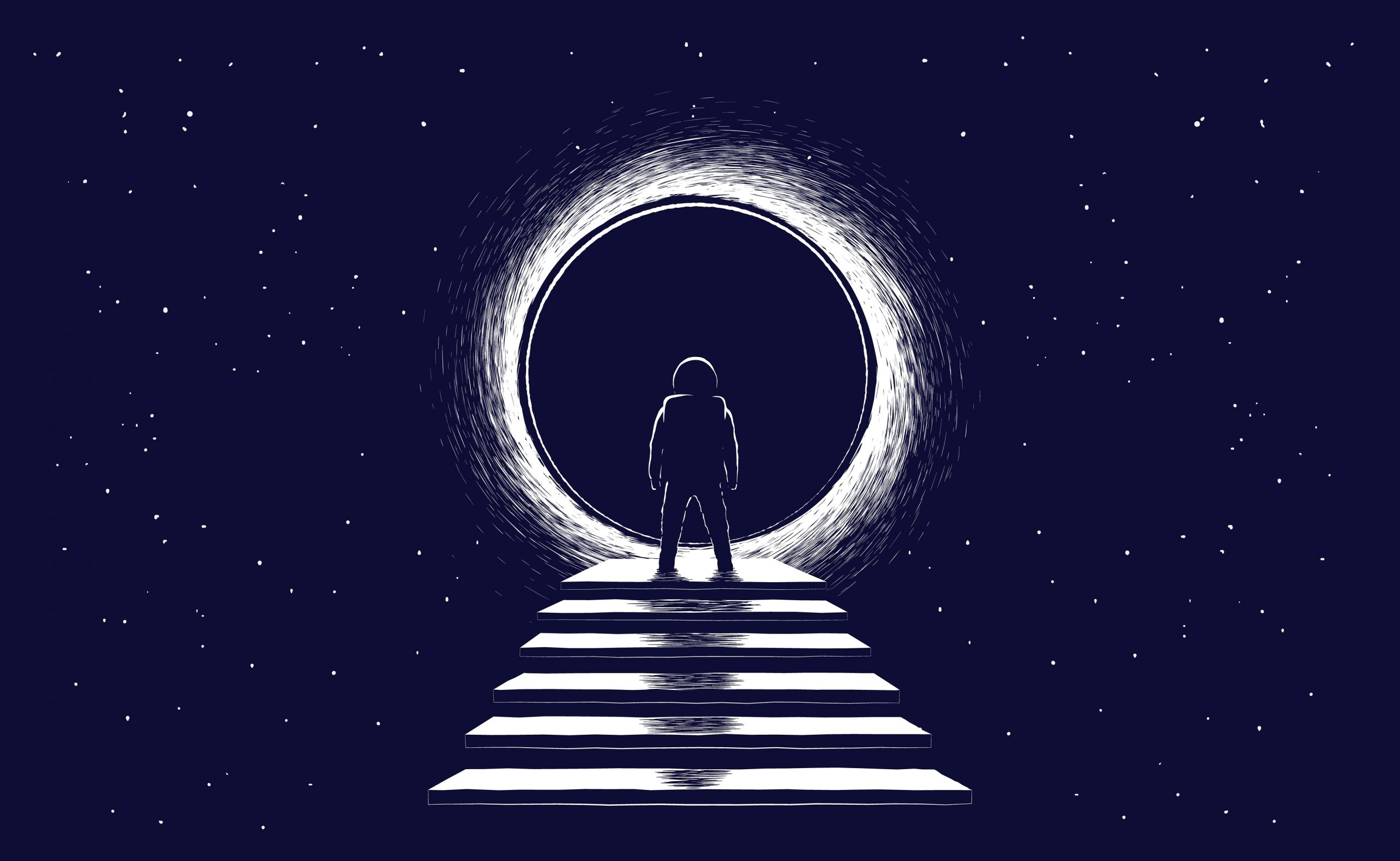 An astronaut stands on stairs leading to a glowing circular portal against a starry background.