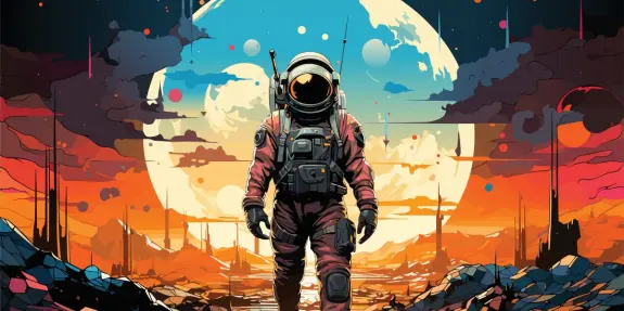 Astronaut walking on a barren landscape, with a large moon and colorful sky in the background.