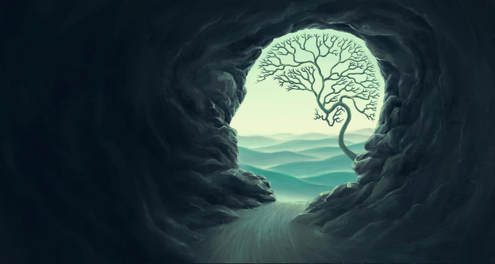 A barren tree stands at the entrance of a dark cave, framed by rocky walls and distant rolling hills.