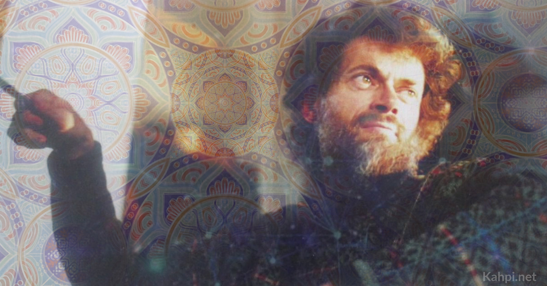 A bearded man gazes thoughtfully, layered over a colorful, intricate mandala background.