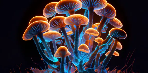 Bioluminescent mushrooms glow in vibrant orange and blue hues against a dark background, creating a mystical atmosphere.