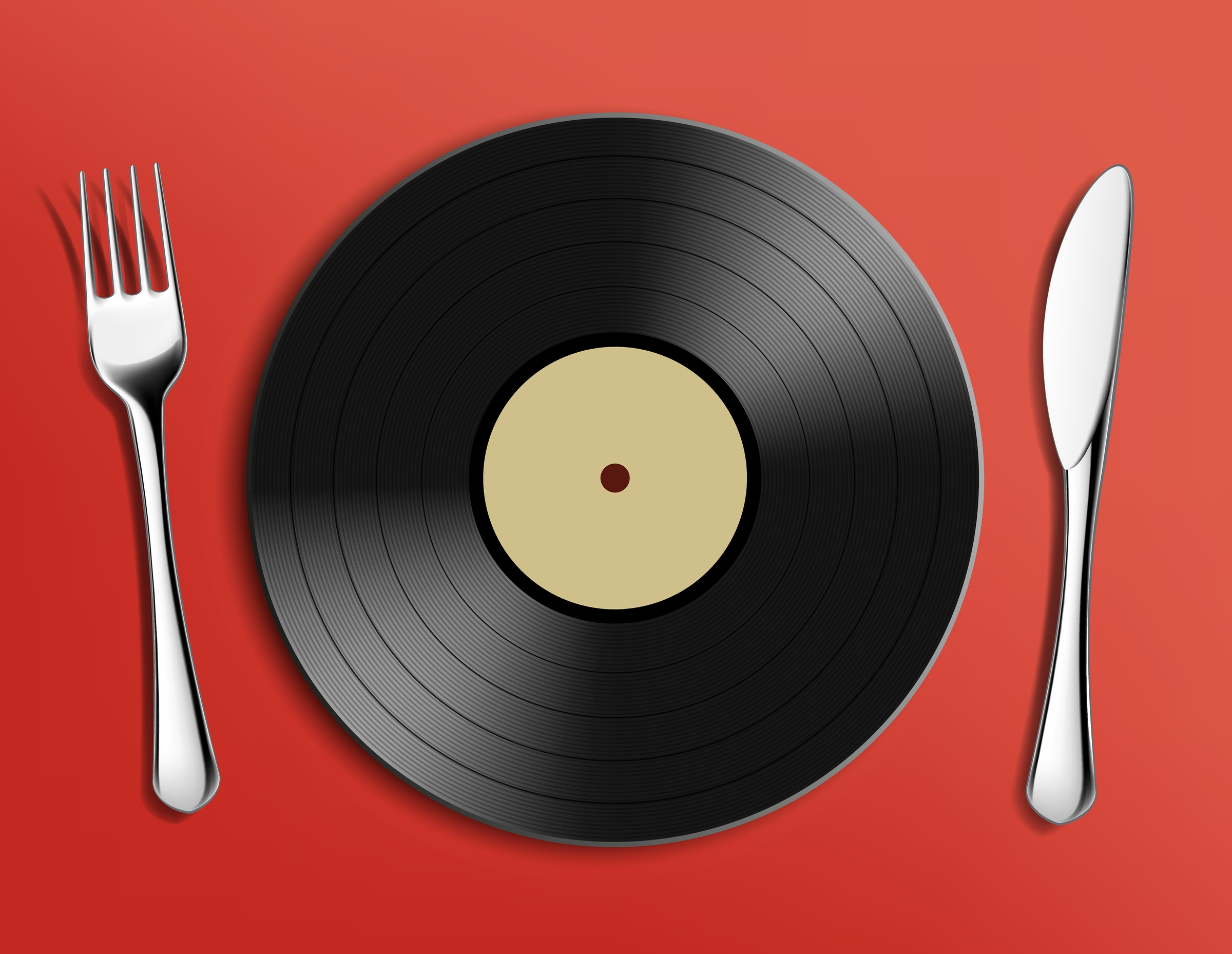 A black vinyl record on a red background, flanked by a fork and knife.