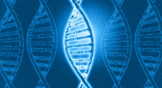 Blue, glowing double helix DNA strands with a bright central focus, set against a dark background.