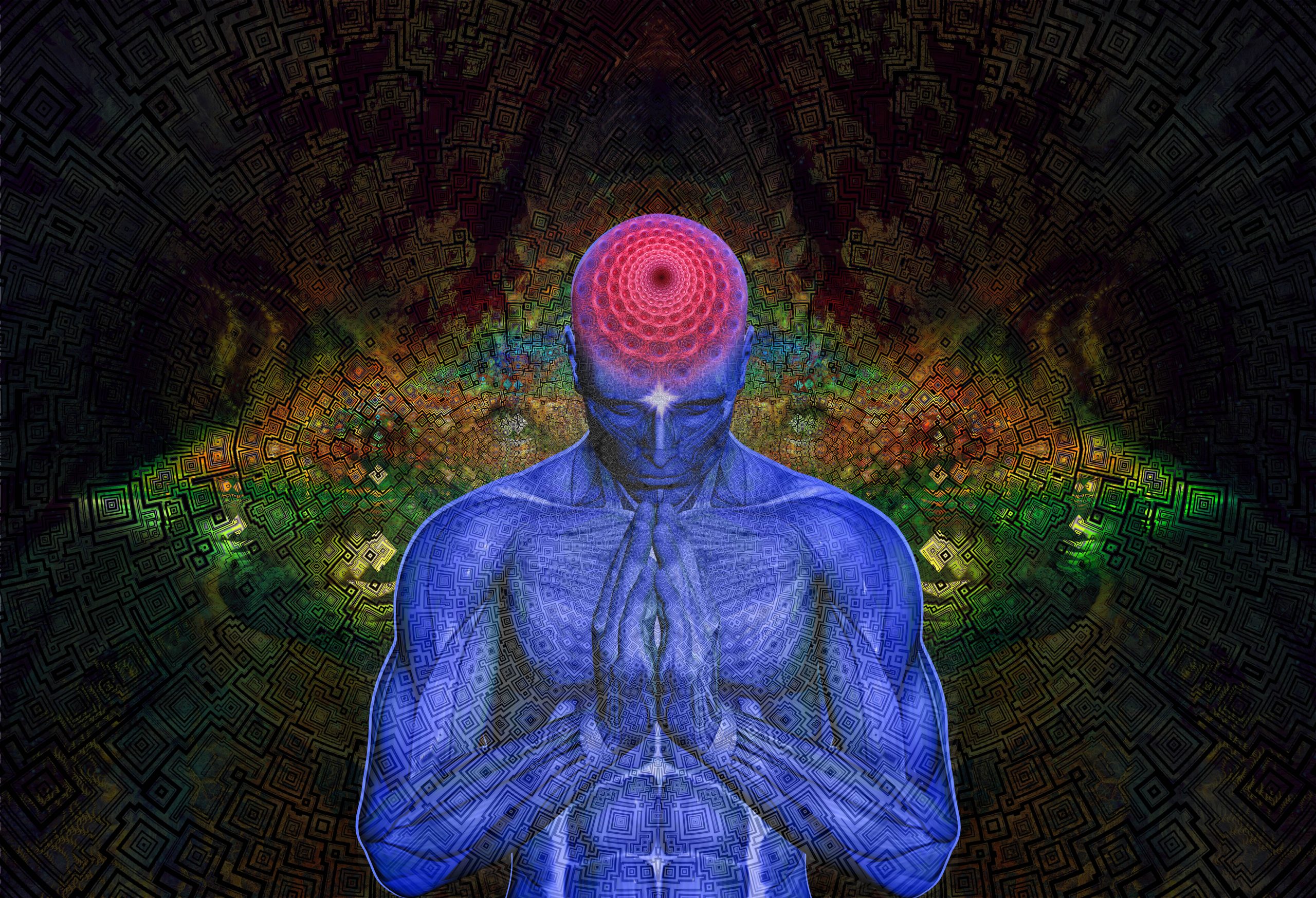 A blue humanoid figure with a glowing red spiral on its head, hands clasped in prayer, set against a vibrant, abstract bac...